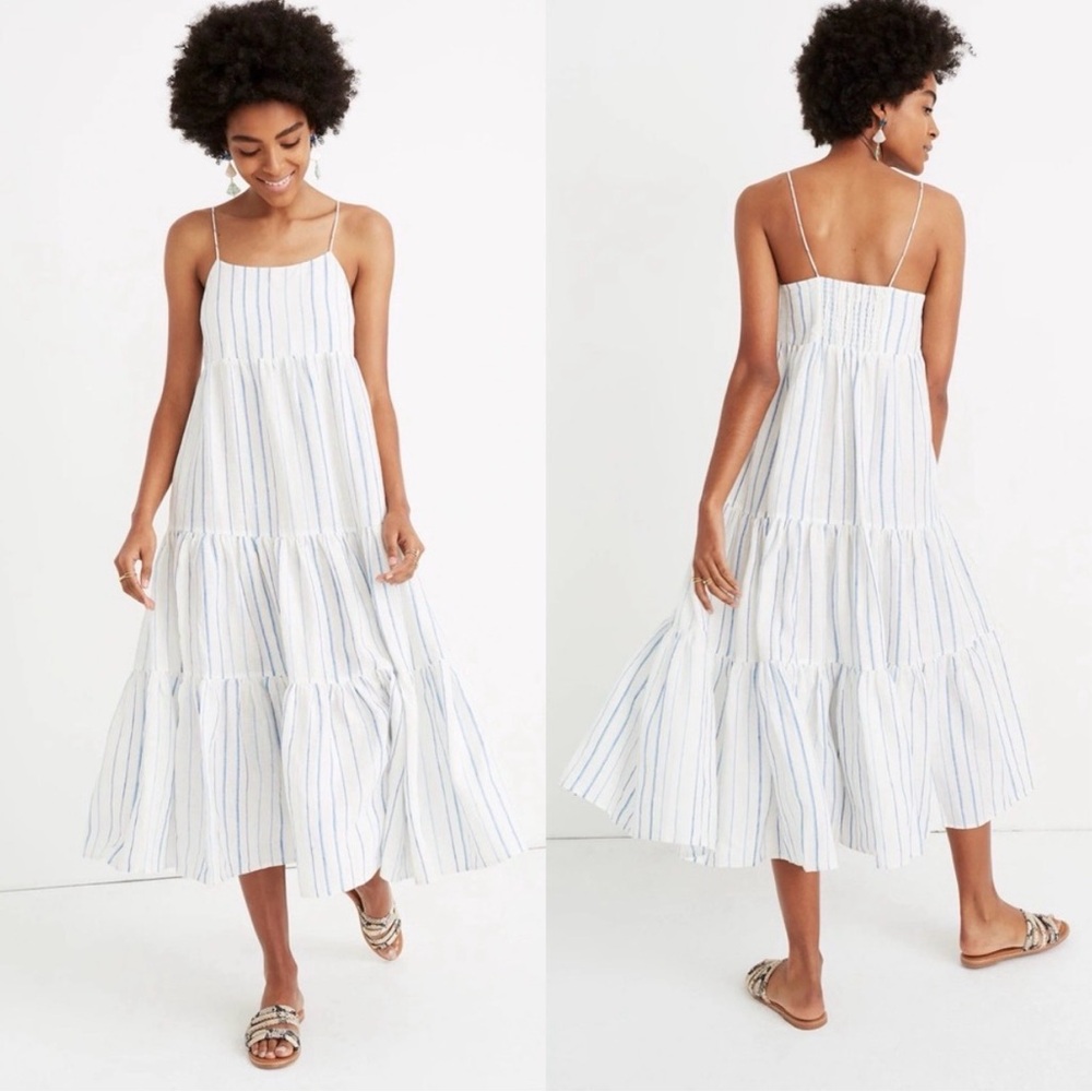 Madewell Cami Tier Midi Linen Dress in Stripe Euro Summer Capsule Women’s 14
